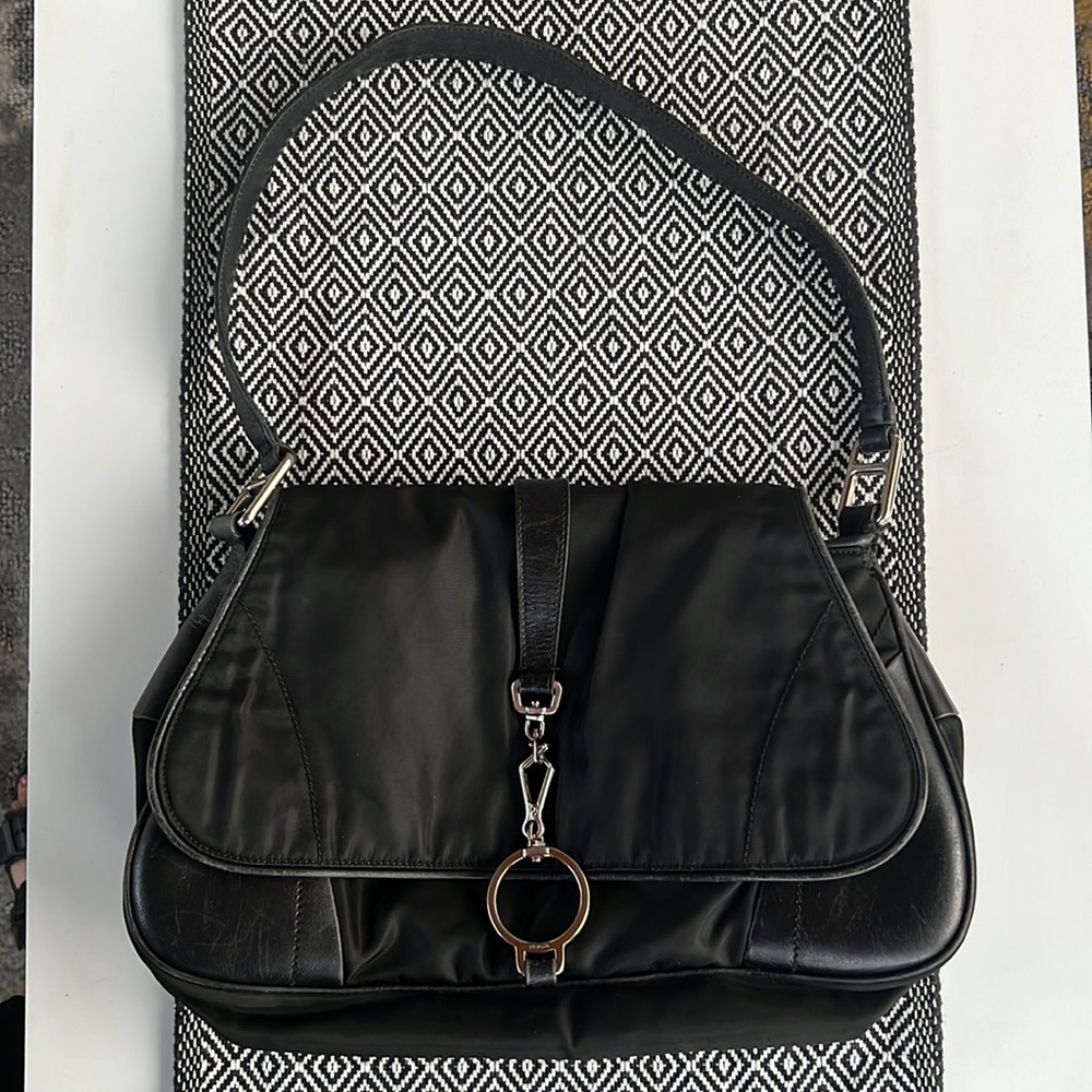 Rare Vintage PRADA Nylon Tessuto Leather Shoulder Hand Bag Purse Black GUC - Picture 3 of 15